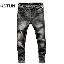 Famous Brand Jeans Pants Men Hip Hop Stretch Autumn And Winter Dark Gray Motocycle Jeans Ripped Distressed Denim Trousers Boys