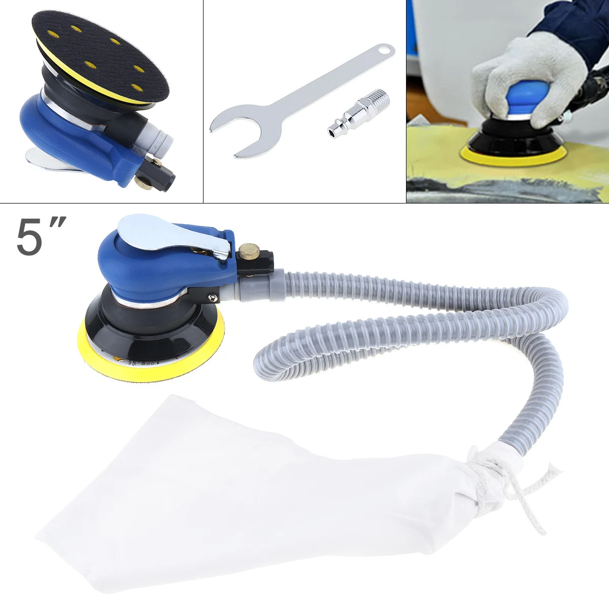 

5 Inch 10000RPM Self-vacuuming Pneumatic Sander Machine with Air Tube and Sanding Pad for Polishing and Sanding