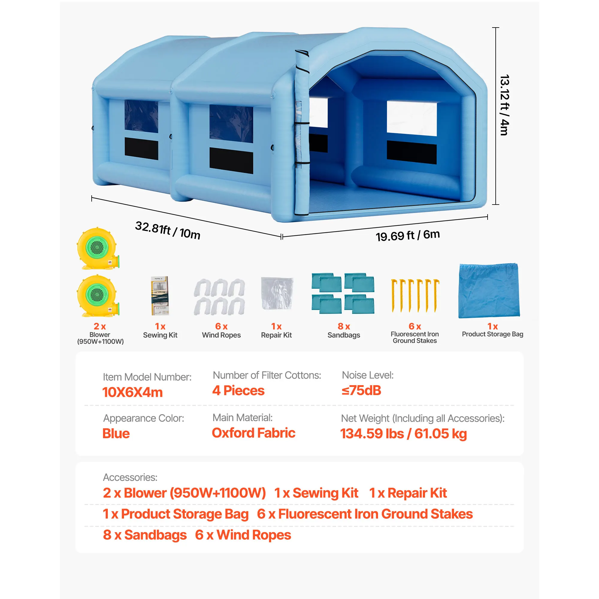 Inflatable Spray Paint Booth 33x20x13 ft with 1100W Blower and Air Filter System