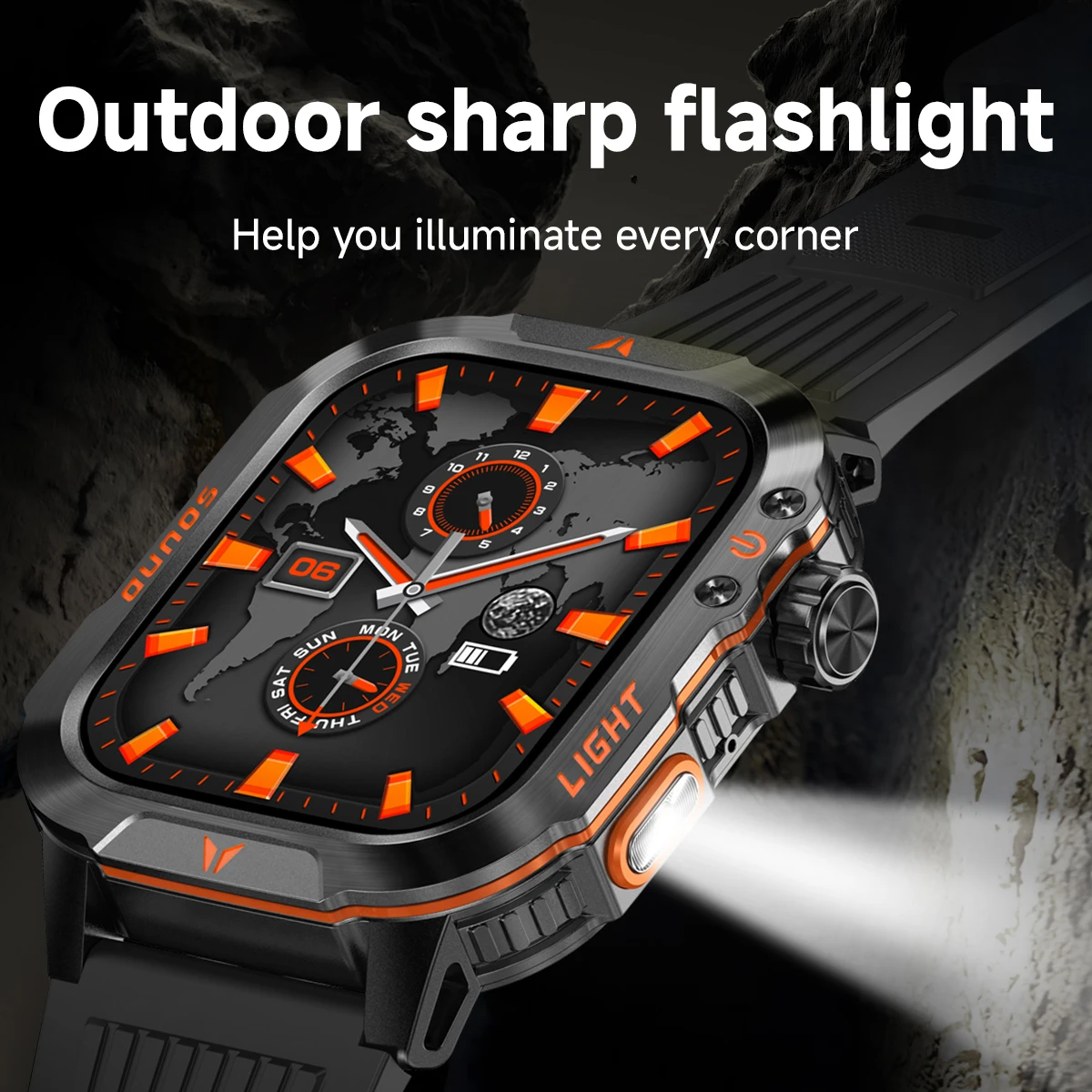 2024 Smart Watch 2.01 Screen Outdoor Flashlight Compass IP68 Waterproof Wireless Calling 600mAh 100+Sport Mode 3