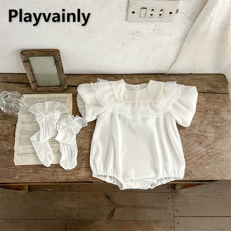 

Summer Baby Girl Bodysuit White Pearls Lace Patchwork Round Collar Jumpsuit+Bowknot Cotton Socks Newborn Princess Clothes E23015