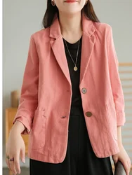 Women's Retro Blazer Jacket 100% Cotton Spring and Autumn Loose Office Work Clothes Solid Color Long Sleeves Cotton and Linen