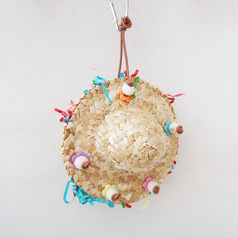 Handmade Straw Weaving Cap Shape Parrots Chew Toy Birdcage Hanging Swing Toy Bird Chew Standing Perches for Cockatiel Conure