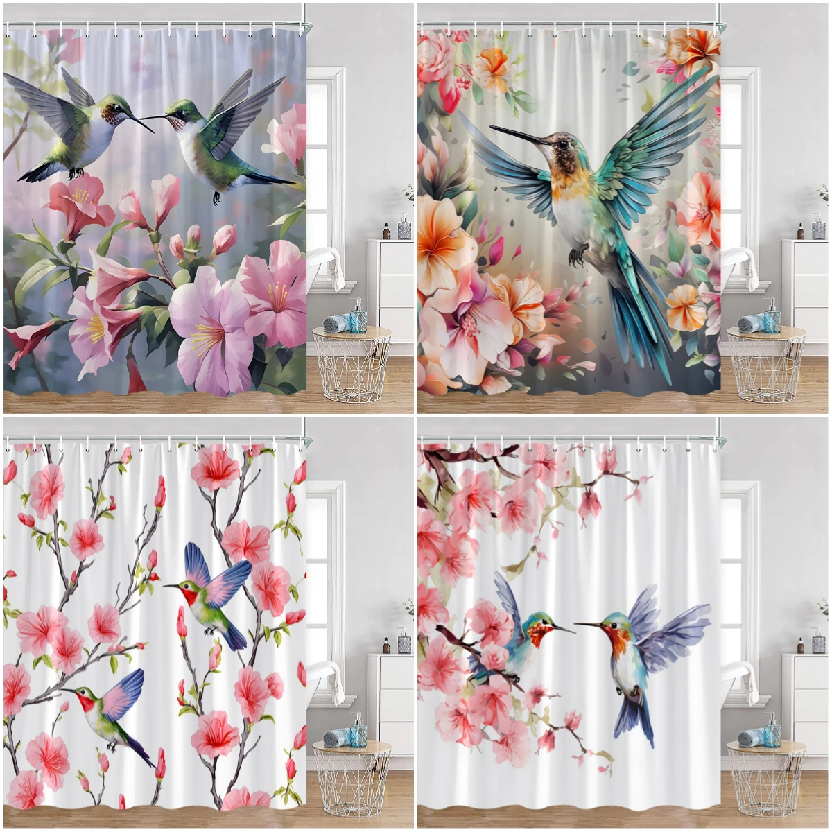 

Hummingbird Shower Curtains Watrecolor Floral Butterfly Blooming Flowers Plants Blossom Bathroom Curtain Spring Bathtub Decor