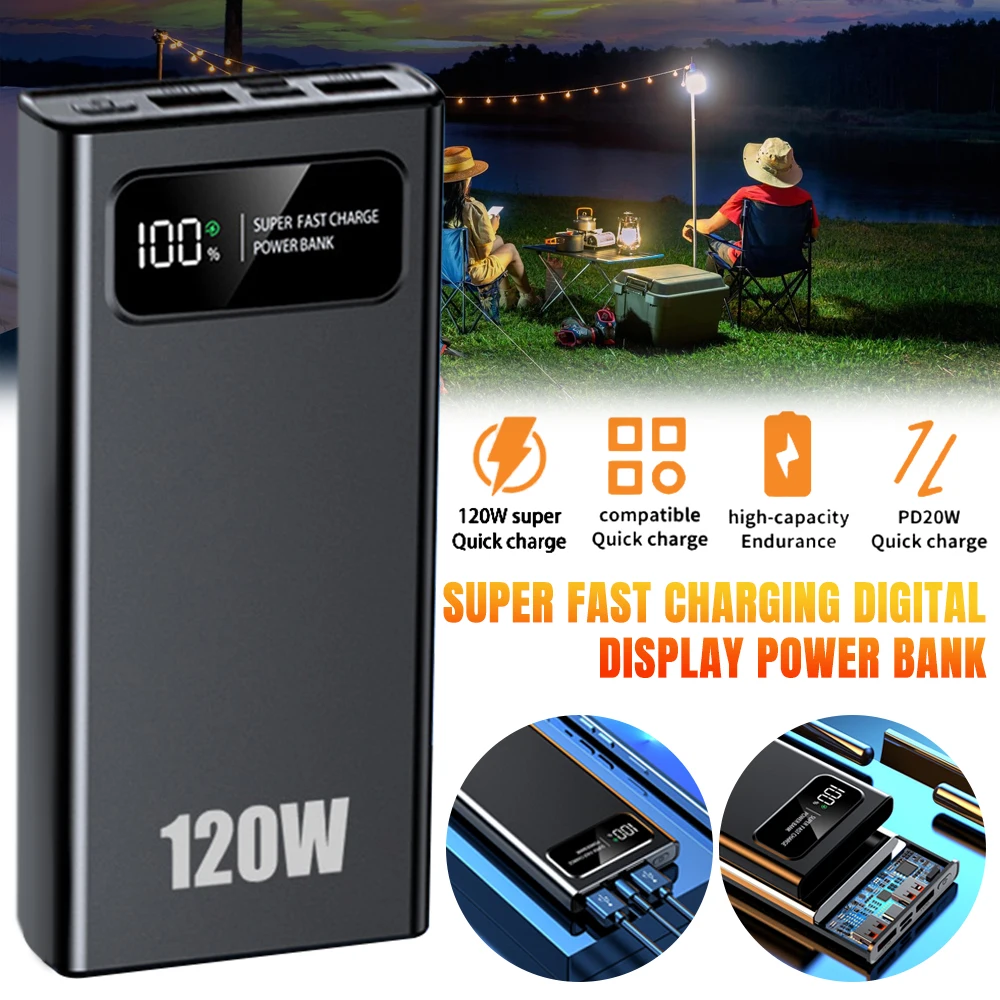 20000mAh High-capacity Power Bank 120W Super Fast Charging Digital Display Power Bank External Battery for iPhone Samsung Xiaomi 6