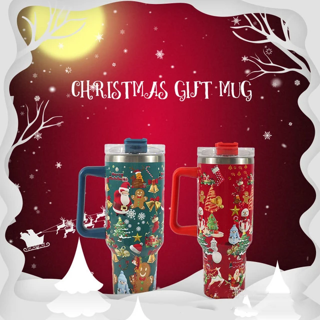 Christmas pattern 40 oz mug with handle lid straw drinkware stainless steel  vacuum tumbler large capacity car travel coffee cup - AliExpress