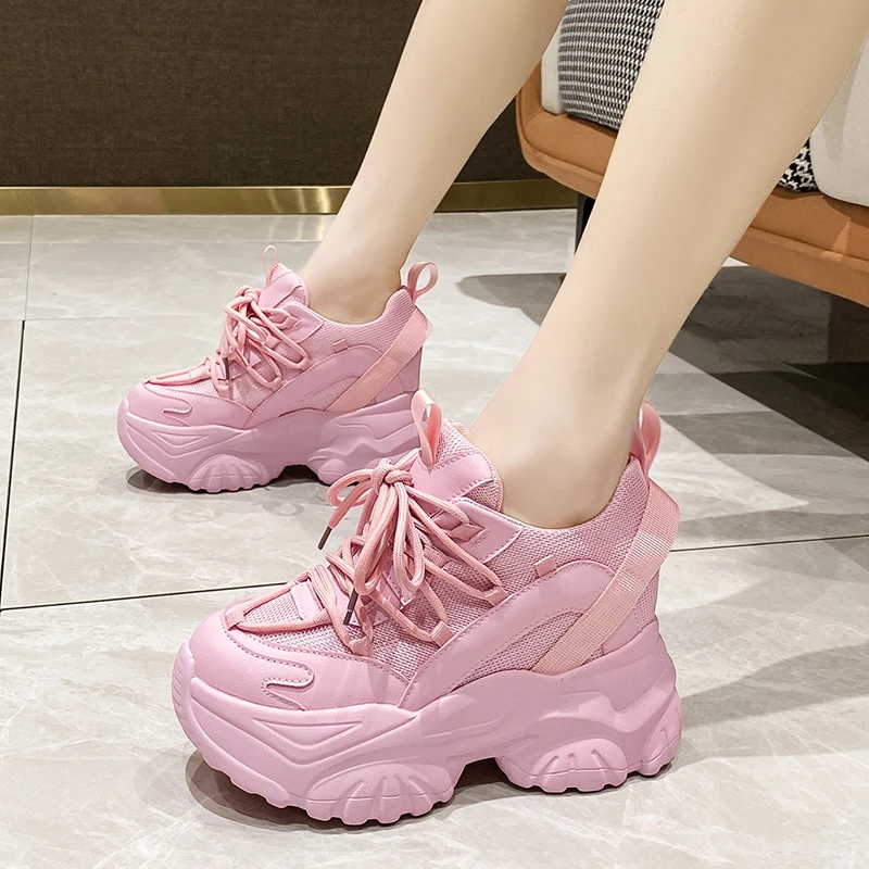2022 Spring Breathable Mesh Chunky Sneakers Women Wedge Casual Sport Shoes Lace-up High Heels 9.5CM Platform Shoes Zapatos Mujer