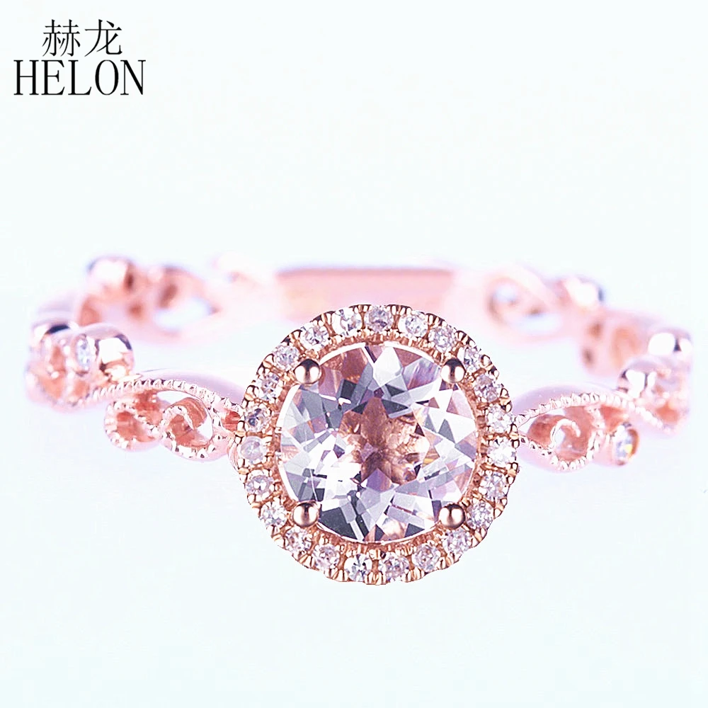 

HELON Solid 14K 10K Rose Gold Round 6mm Natural Morganite Diamonds Ring for women Engagement Romantic Vintage Style Jewelry