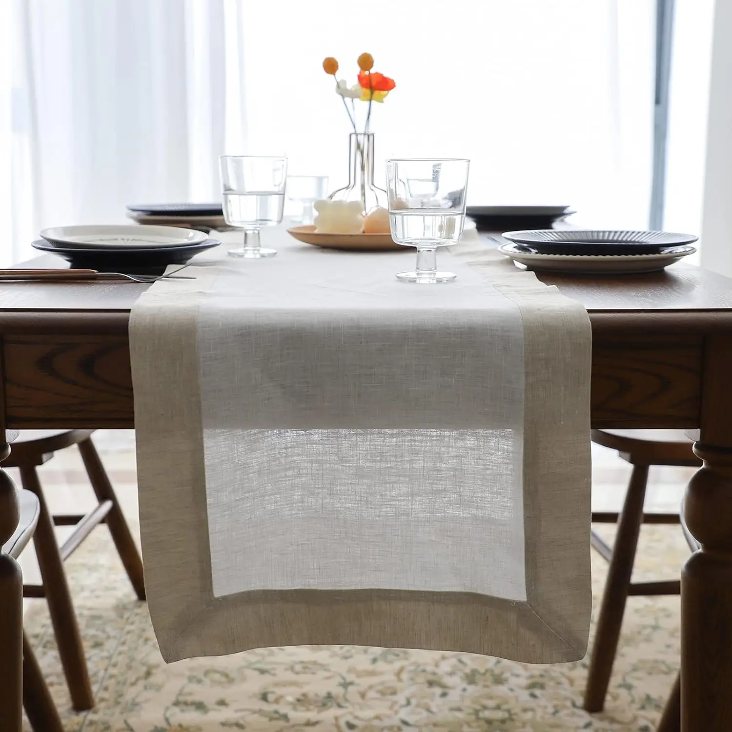 

Simple&Opulence 100% Linen Table Runner Coloured Border Machine Washable Reusable Durable Daily Use for Party
