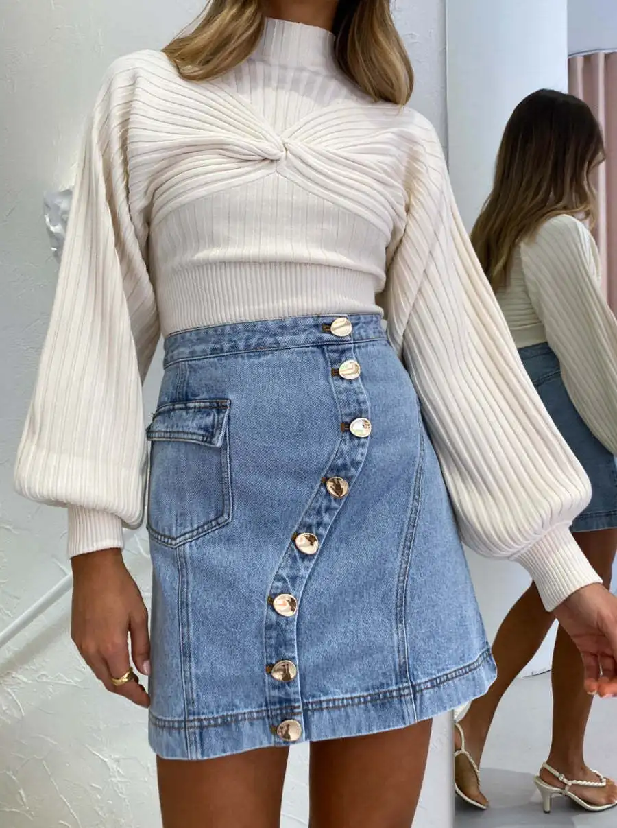 2022 Spring New Fashion Solid Color Denim Skirt Sexy Button A Line Skirt Ropa Mujer Streetwear white pleated skirt