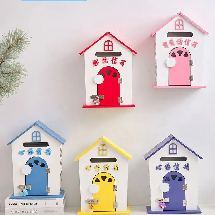 

Cute Wooden Mailbox Box Creative Home Class Mailbox Blue Heart Box School Kindergarten Pastoral Style