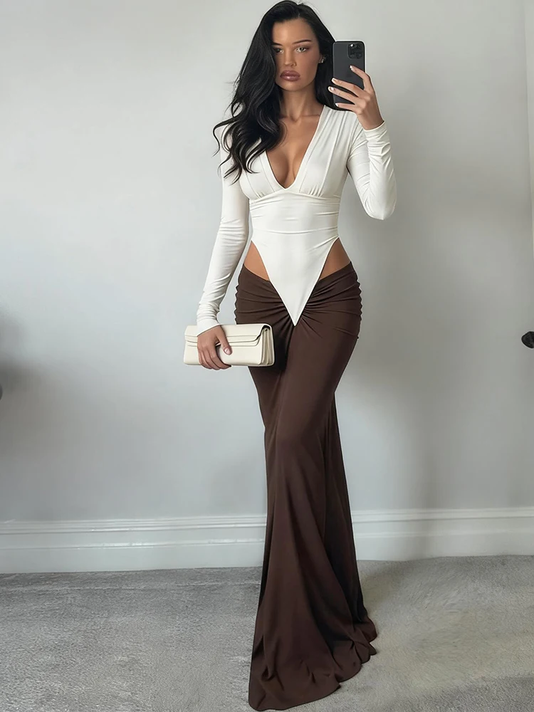 Nibber Color Blocking Maxi Dress Waistless Women v-Neck Patchwork Folds Peach Buttocks Full Sleeve Elegant Banquet Chic Vestidos