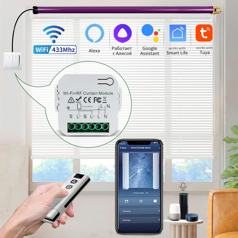 Tuya WiFi Smart Curtain Module Roller Blinds Shutter Switch 433MHz RF ...