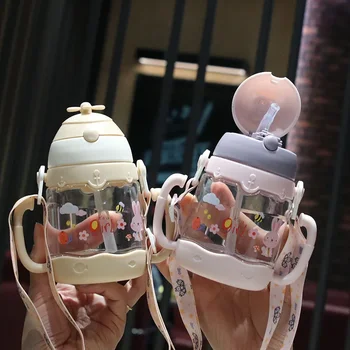 손잡이가 달린 어린이 음료수 컵, 목 스트랩, 어린이 식수병, 유출 방지, 넓은 입, 아기 젖병 빨대, 400ml