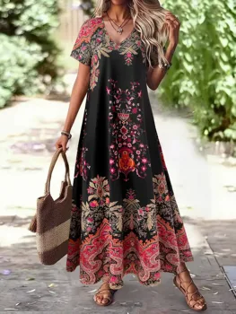 Women's Plus Size Vintage Paisley Floral Print Maxi Dress Summer Casual V Neck Short Sleeve Loose Boho Beach Long Sundress 1