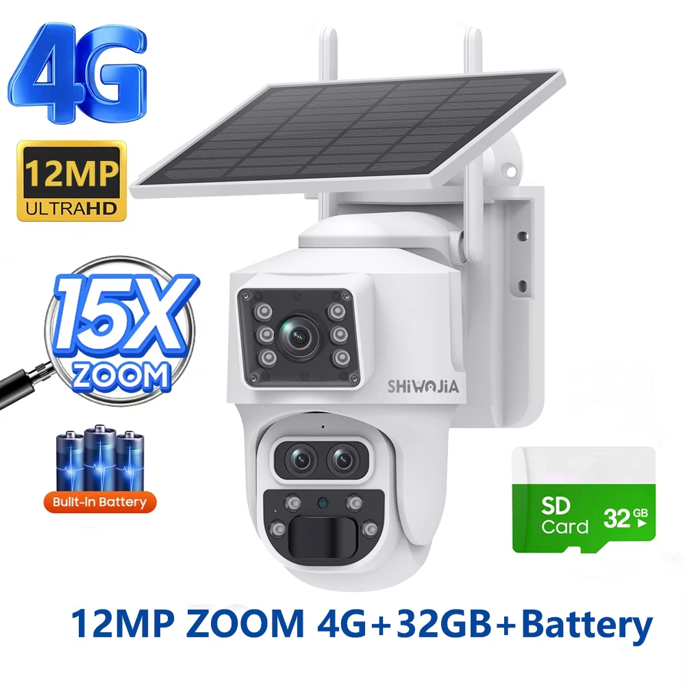 SHIWOJIA كاميرا بالطاقة الشمسية 4G 12MP 6K 15X Zoo...