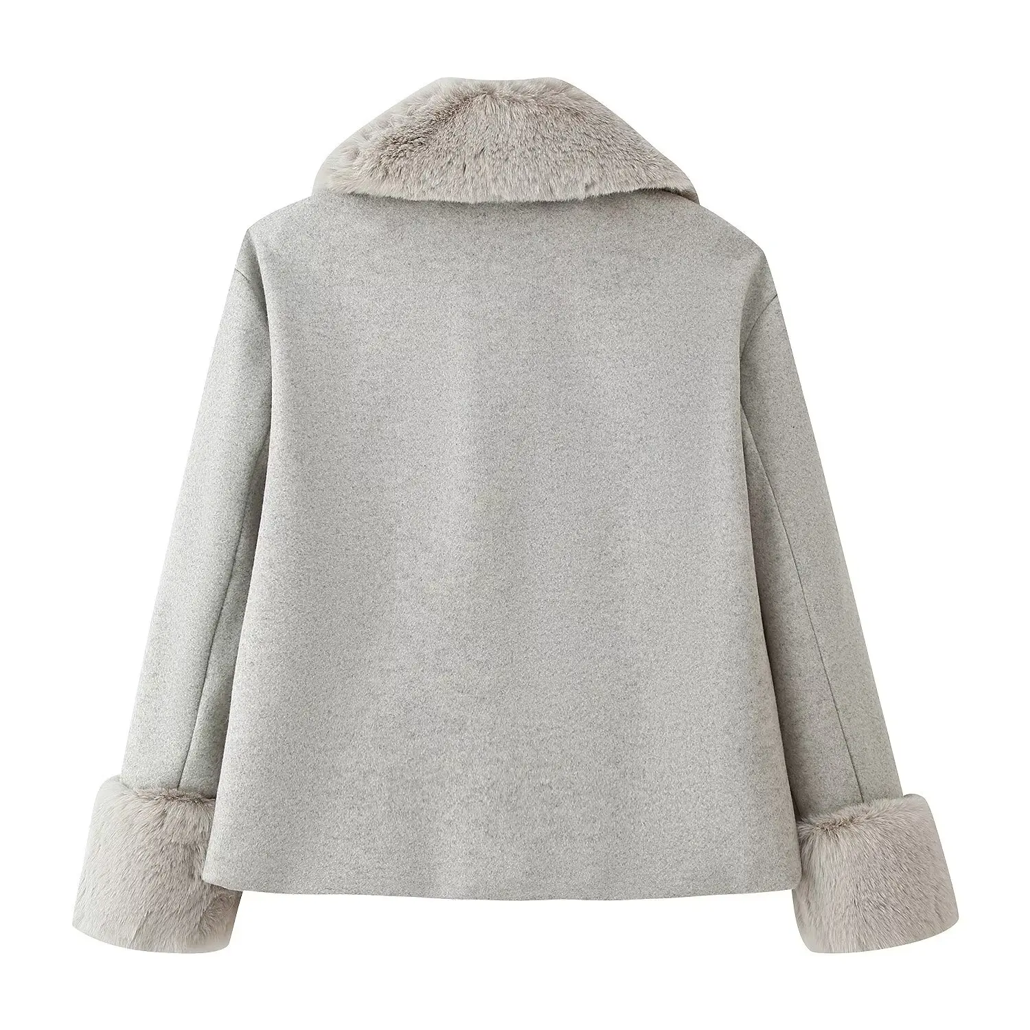 Women Gray Winter Warm Fur Spliced Woolen Coat Female Loose Lapel Long Sleeve Solid Short Jacket Autumn New Lady Elegant Overcoa
