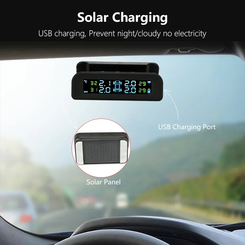 Car Tire Pressure Monitor Car Tire Pressure Sensor Smart Car TPMS Solar Power Digital LCD Screen Display Wireless 4 tire Monitoring System Auto Security Alarm Tire Pressure Sensor