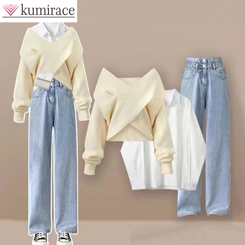 Autumn and Winter New Full Set Women's 2023 Knitted Sweater Shirt Women's Slim Fit Jeans Three Piece Setwinter Clothes Womenpant