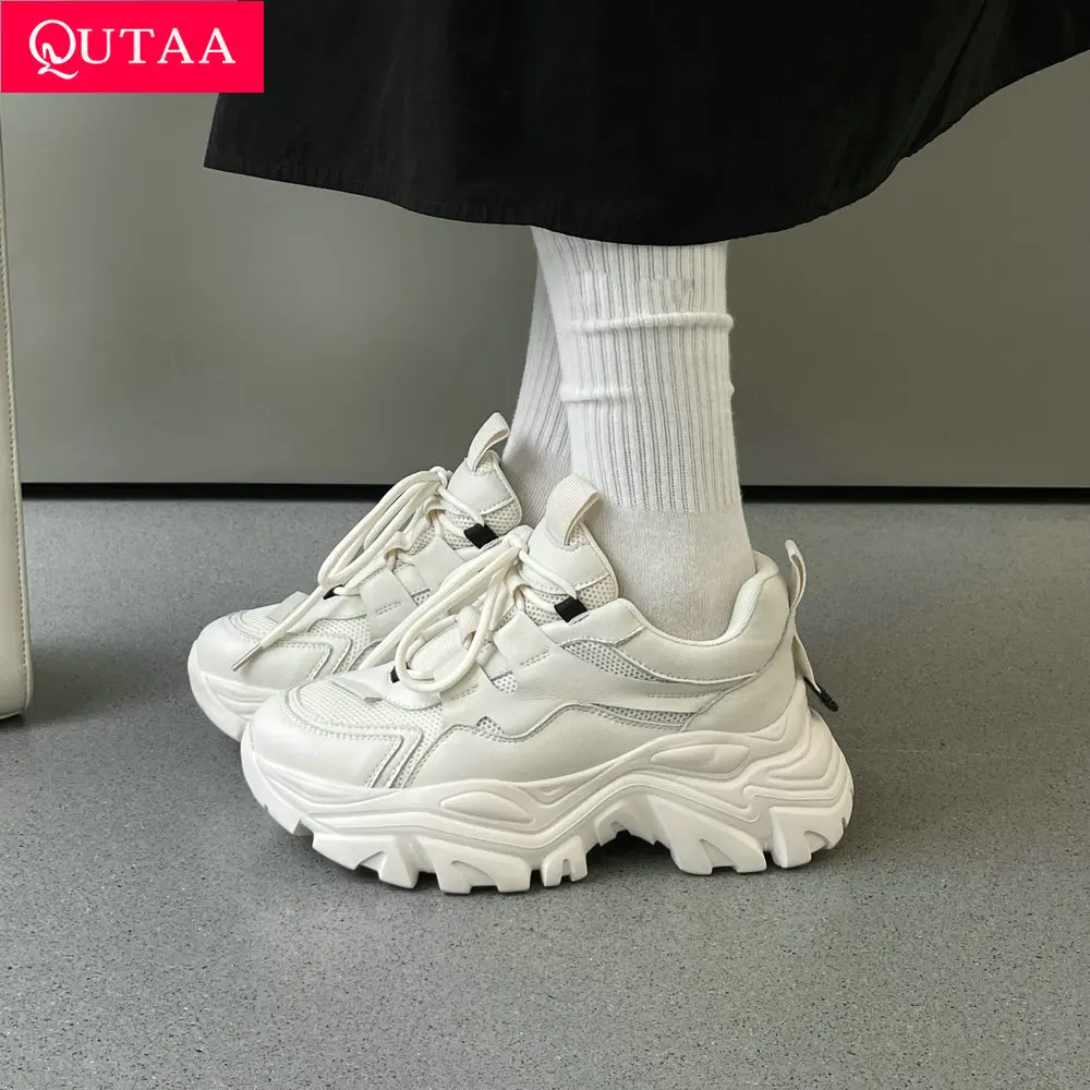 

QUTAA 2022 Round Toe Lace Up Casual Women Sneakers Med Heel Genuine Leather Spring Autumn Fashion Ladies Sports Shoes Size 35-40
