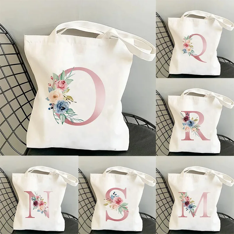 Canvas bag Flowers alphabet A-Z women shopping tote bags large capacity student toiletries organizers casual tote letter bags gift