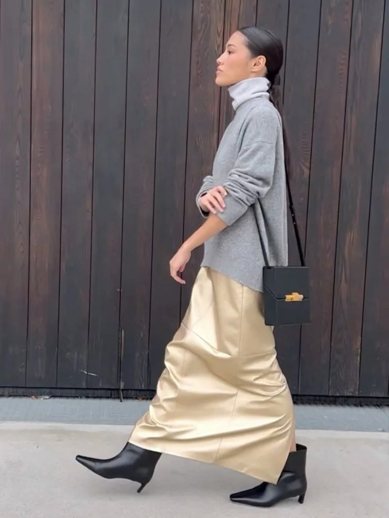 Slit PU Skirts For Women 2025 Spring New Slim Y2K Sheath Skirt Femme Street Solid Casual Fashion Elegant Skirts Womens