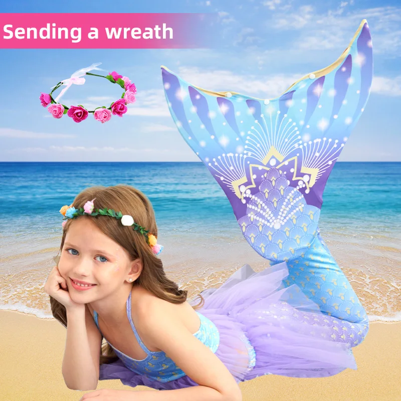 Dziewczęca ogon syrenki do pływania księżniczka sukienka przebranie na karnawał 5 sztuk/zestawów strój kąpielowy przyjęcie urodzinowe dla dzieci ubrania plażowe bez płetw