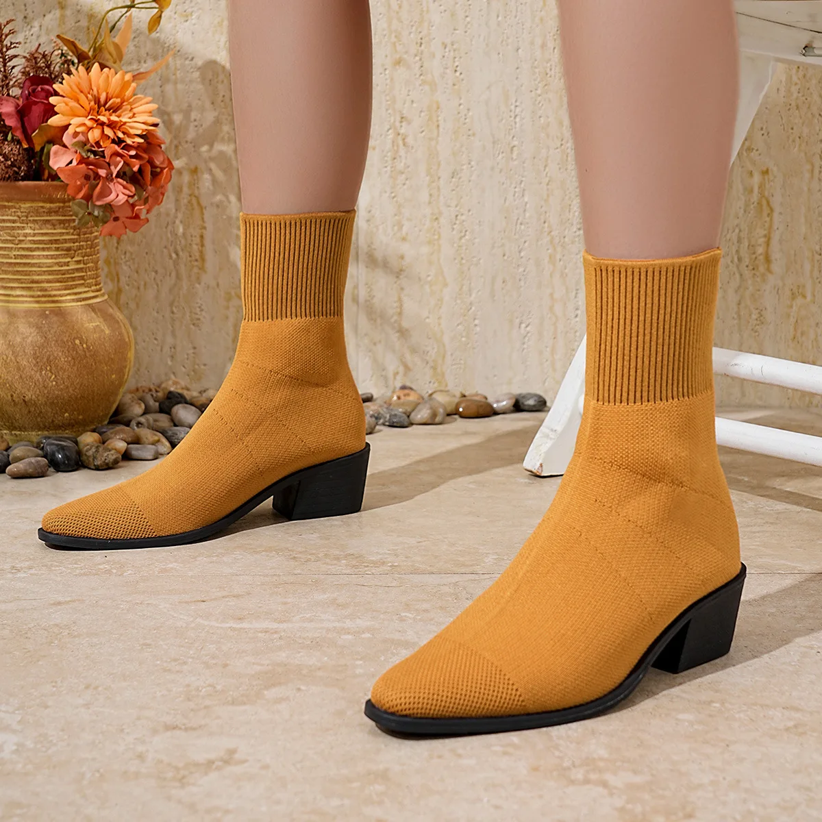 Sexy Pointed Toe Thick High Heel Sock Boots Women 2025 Winter Colorful Elastic Knitted Designer Ankle Boots Woman Short Booties