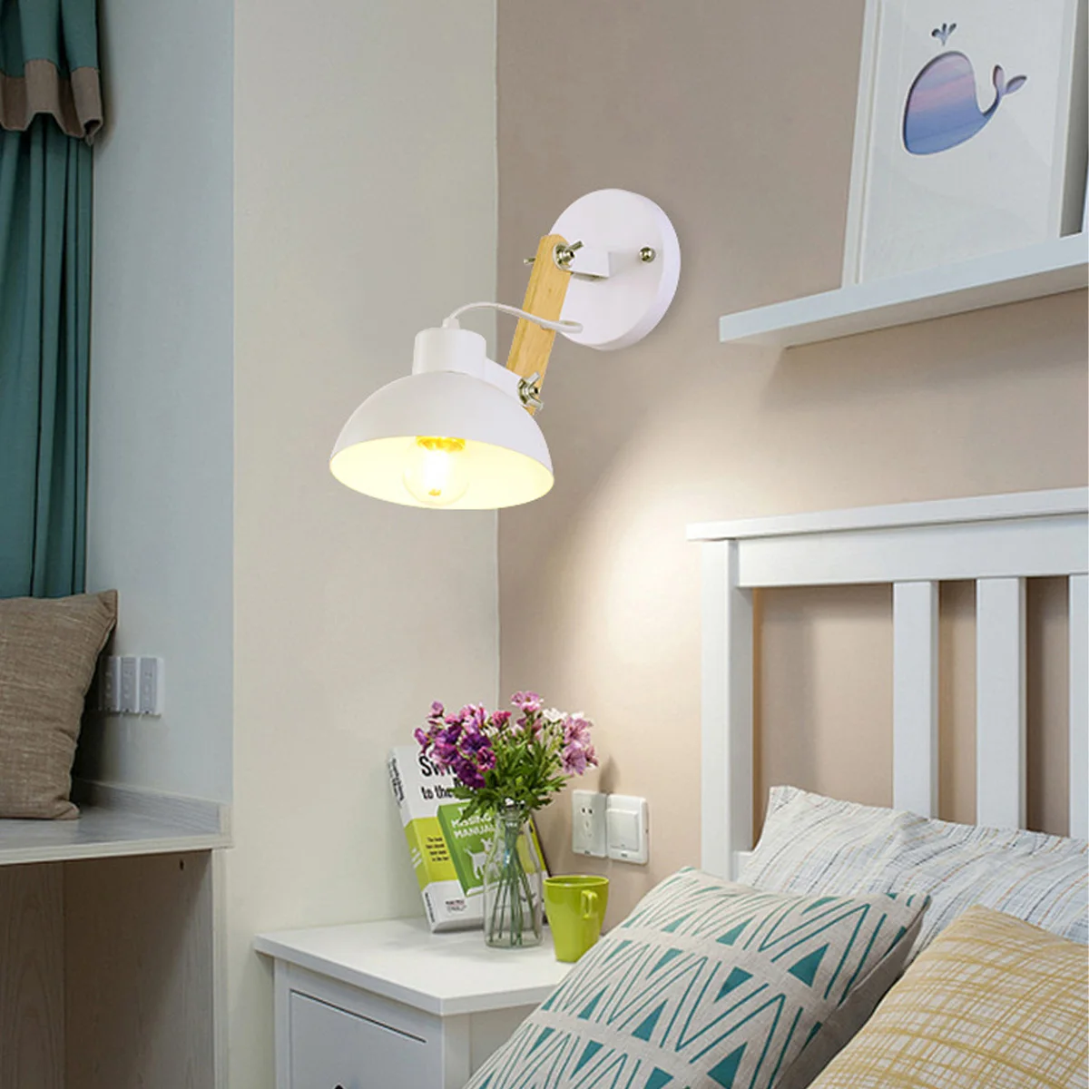 Lampada da parete con cavo Plug-in da 1.8m applique a braccio lungo  girevole accento in legno per camera da letto, soggiorno, lettura, cucina,  ufficio