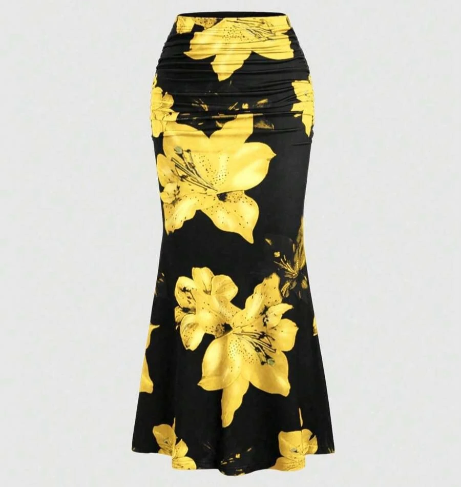 Printed Bodycon Ruched Long Skirt Women Sexy Black Elastic Elegant High Waist Mermaid Maxi Skirts Summer Streetwear Y2k Skirt