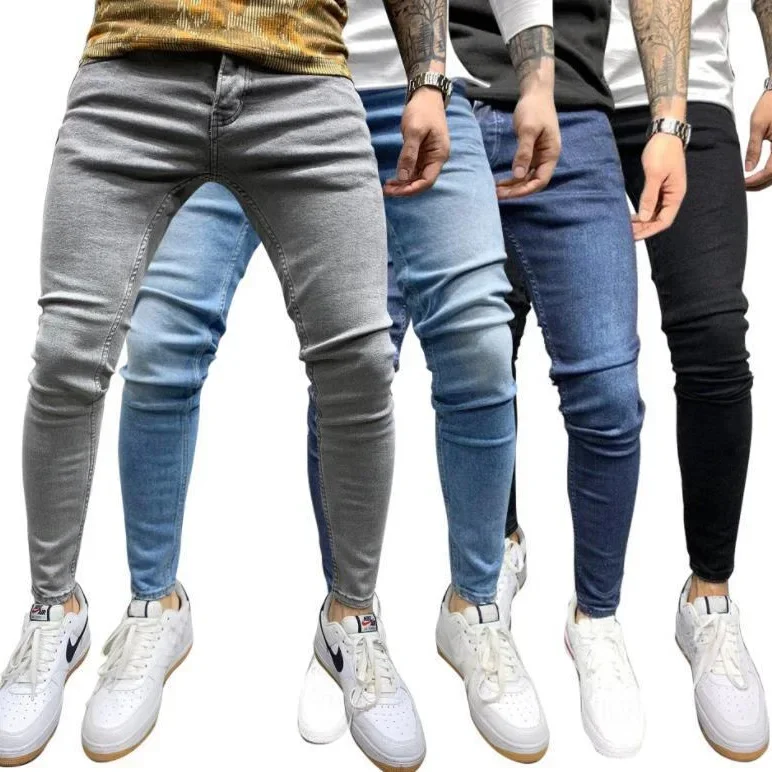 Fashionable Men's Jeans Tight Fit Ripped Small Footed Pants Cross Border men jeans ripped jeans
