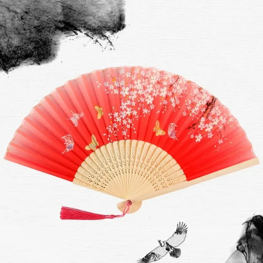 Elegant Silk Vintage Folding Fan with Colorful Tassel - Bamboo Hand Fan for Classical Dance and Home Decor