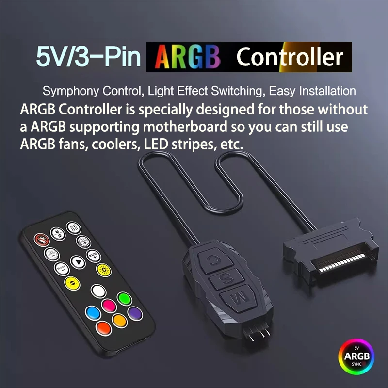 5V 3핀 ARGB 컨트롤러 - SATA 전원 공급 장치 컴퓨터 케이스용 미니 RGB 컨트롤러 ARGB 팬, 쿨러, LED 스트립 등