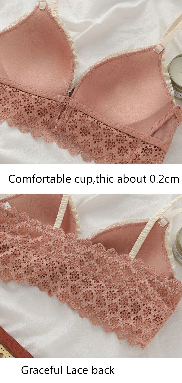 Fashion Front Closure Girls Sweet Lace Bra Wire Free Comfortable Underwear Women Seamless Breathable Lingerie Female Bras