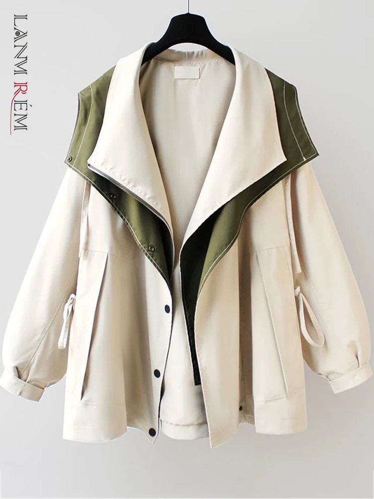 

LANMREM Mid Length Hooded Jacket For Women Korean Version Color Block Patchwork Loose Style Female Clothing Autumn New 32A380