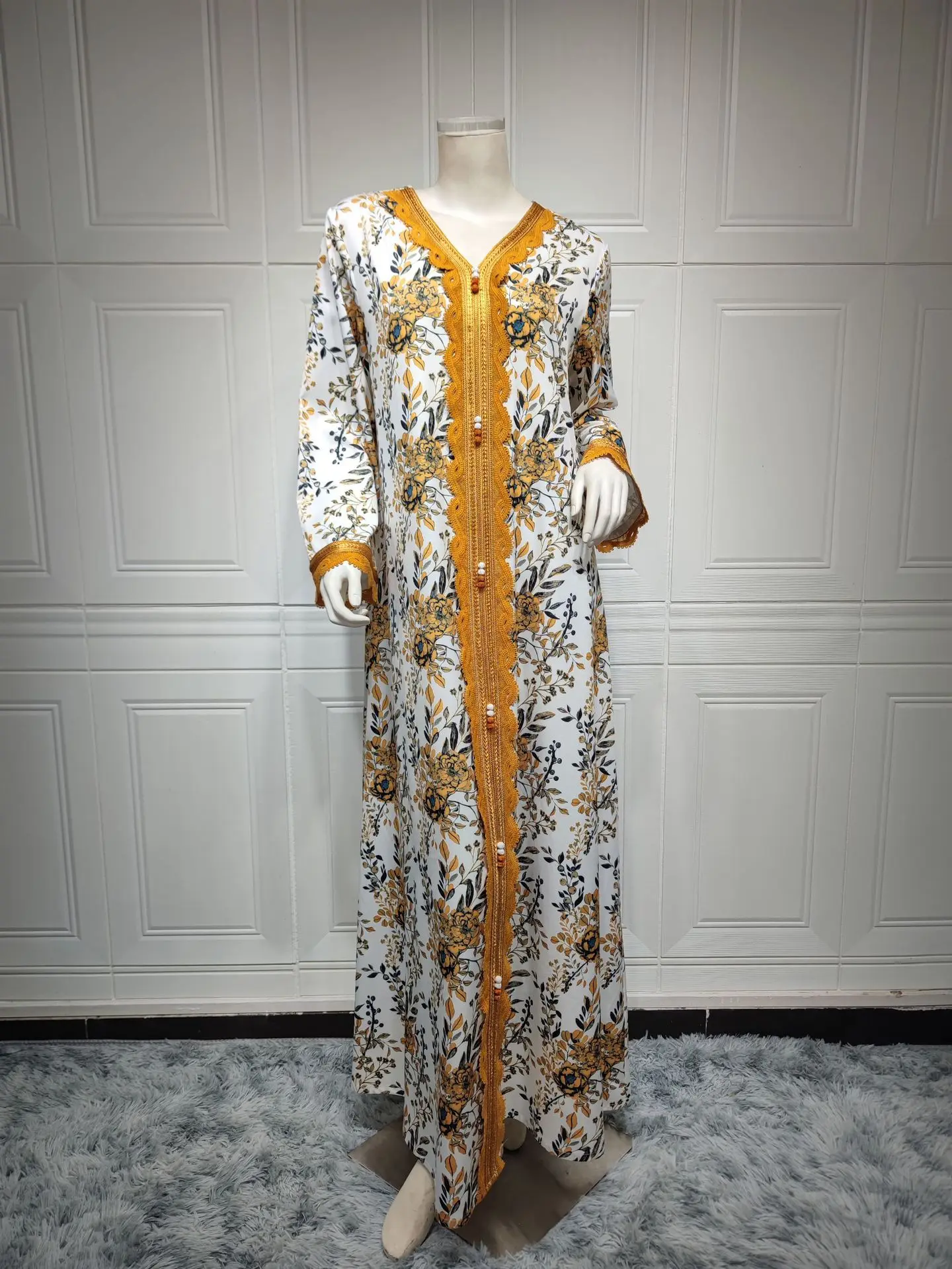Ramadan Ethnic Printed Long Dresses Floral Embroidery Guipure Lace Panel Party Dress Islam Muslim Women Clothing 2024 Spring