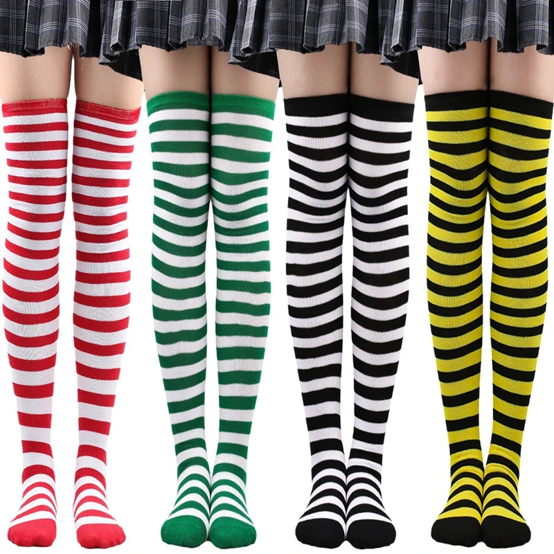 Thigh High Black Socks White Stripes Knee High Socks Ladies Warm Long