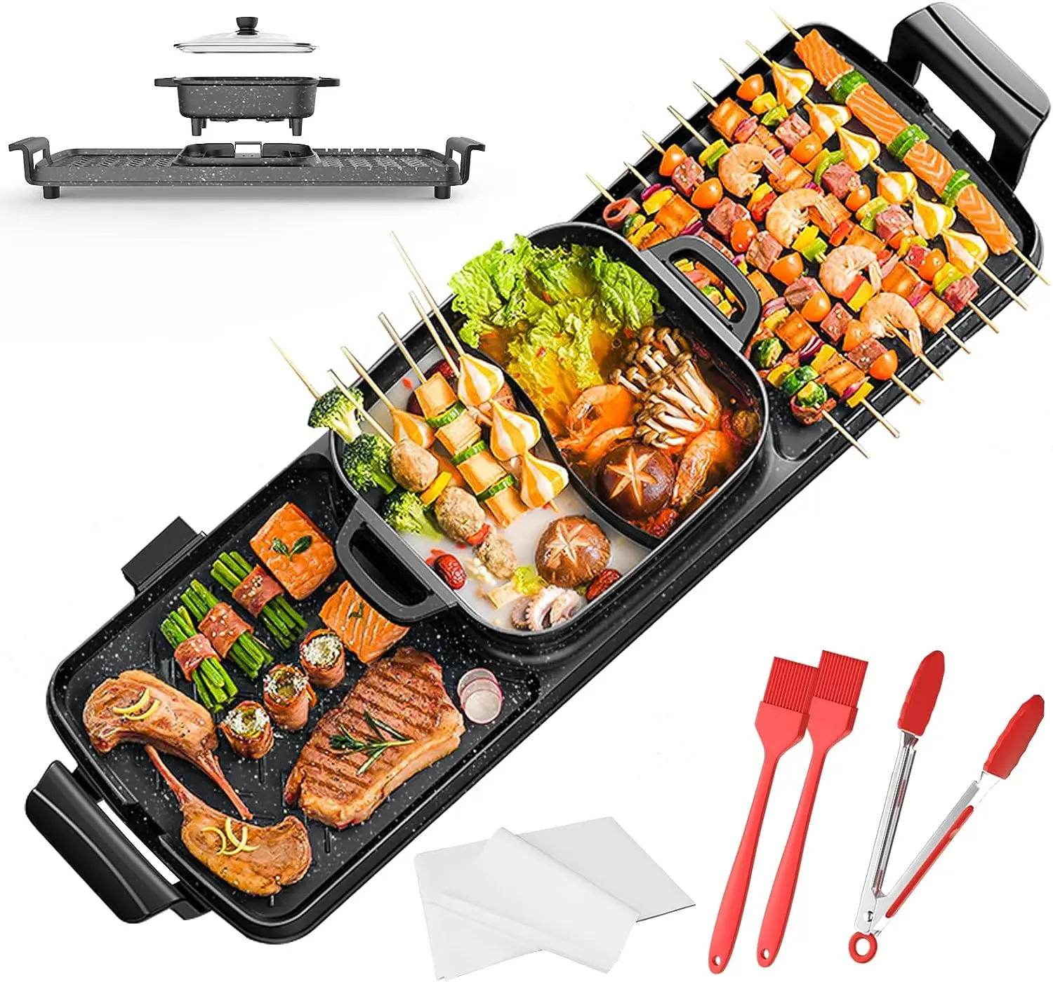 

Pot with Grill,2200w 3 in 1 Smokeless Indoor Grill Pot,Separable Shabu Hot Pot divided BBQ，2200W F3AY