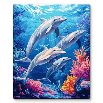 SDOYUNO Dipingi con i numeri adulti Delfino Mondo sottomarino Colori acrilici Pennelli da disegno Colorazione per adulti Immagine su tela Artigianato 1