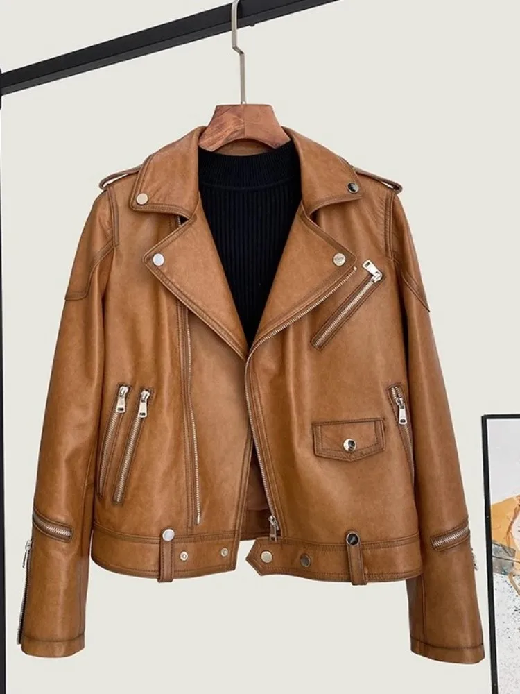 High Street Women Genuine Leather Jacket Zip Turn-Down