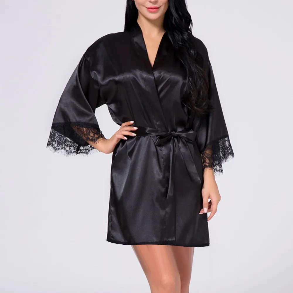 Women's Sexy Lace Stitching Silky Satin Romance Bathrobe Nightwear Leisure Half Sleeve Translucent French Nightgown women dress women sleepwear silk robe