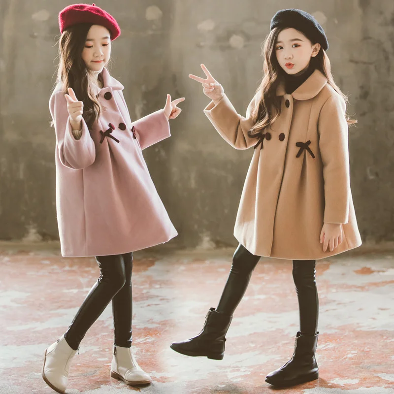 2023 New Warm capispalla moda inverno ragazze cappotti di lana bambini abbigliamento antivento lana tinta unita giacche adolescenti cappotti lunghi