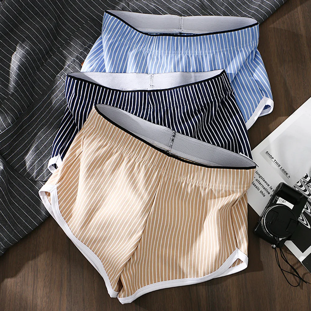 Sexy Mens Flat Boxers Cotton Striped Home Boxer Briefs Pouch Underwear Boys Shorts Trunks Comfortable Underpants Gifts For Men open crotch cover front shorts men underpants silk smooth boxer briefs breathable underwear sexy cartoon print home shorts a50