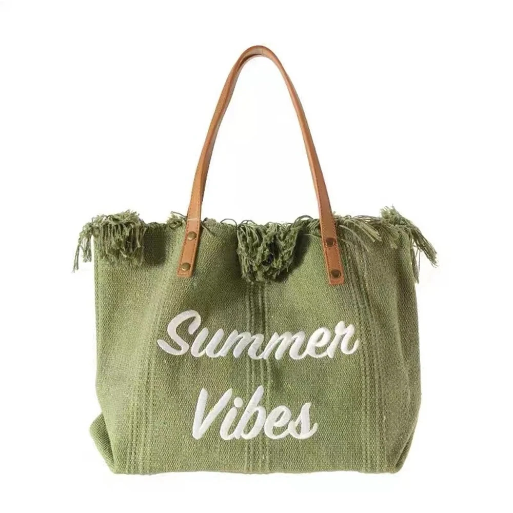Fashion Canvas Tote Bag with Tassel Summer Vibes Handbags Large Capacity Beach Bag Casual Simple Shopping Shoulder Bag