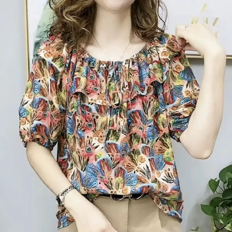 

Prairie Chic Printed Sweet Ruffles Spliced Shirt Summer Fashion Shirring Drawstring Bow Female Clothing Casual Round Neck Blouse