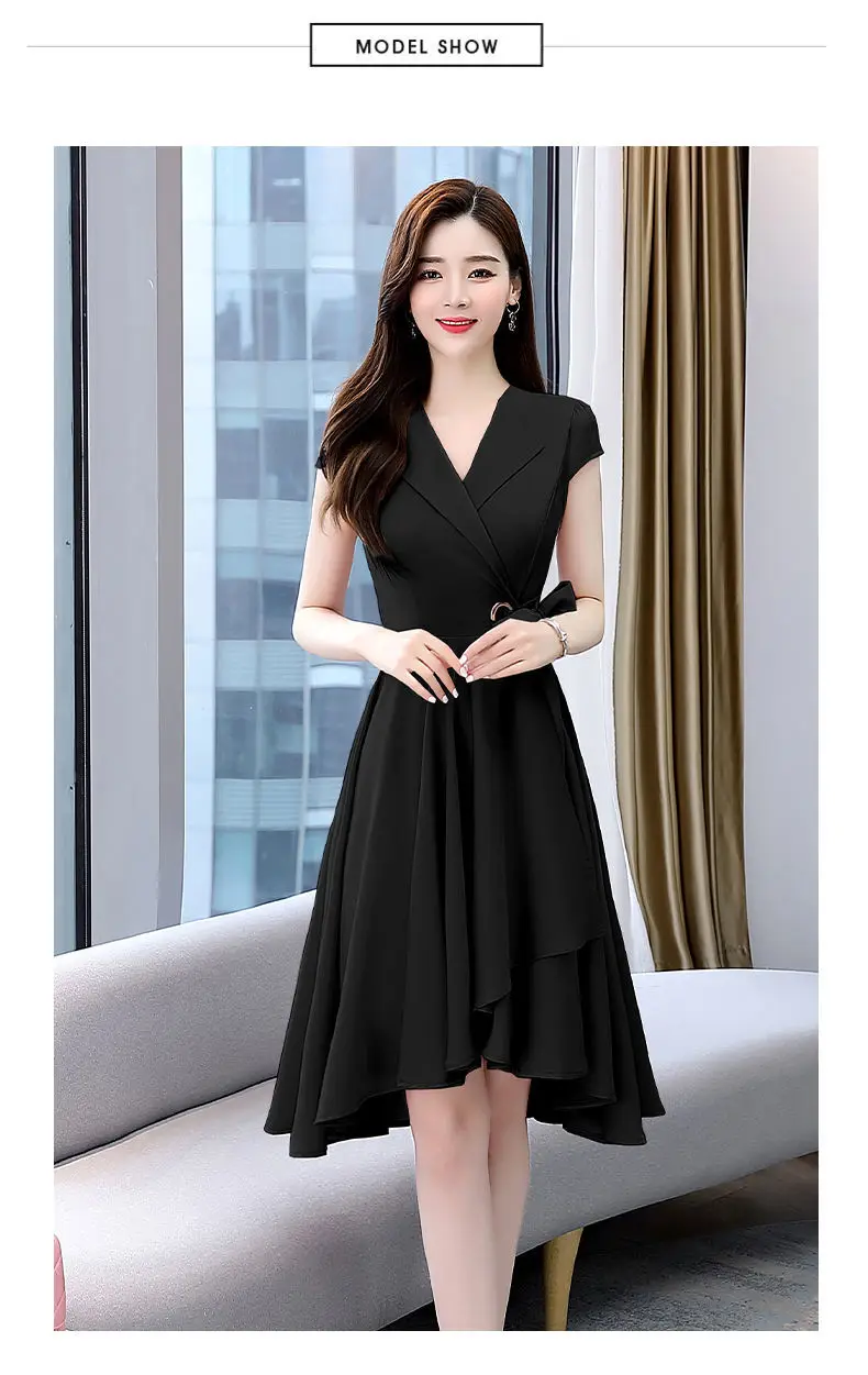 Elegant Fashion V-neck Solid Color Short Sleeve Chiffon Empire Dresses Bow Belt A-LINE Skirt Summer New Women's Clothing 2022