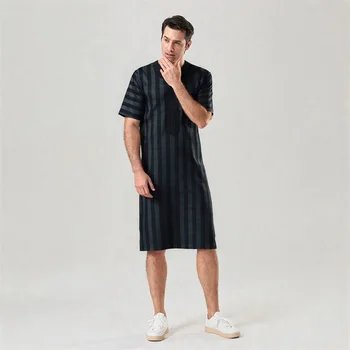 Men s Traditional Middle Eastern Kaftan Nightshirt with Striped Print and 3 4 Sleeves for Comfortable Sleepwear