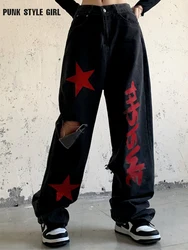 Alt roupas jeans rasgados estrela vermelha impressão y2k calças calças streetwear pentagram perna larga calças jeans casual reta calças baggy