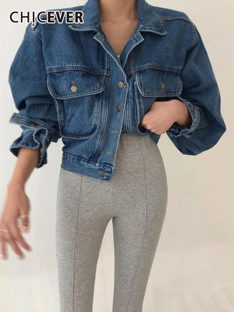 

CHICEVER Korean Autumn Casual Minimalist Jackets For Women Lapel Long Sleeve Single Breasted Solid Loose Denim Coat Female New