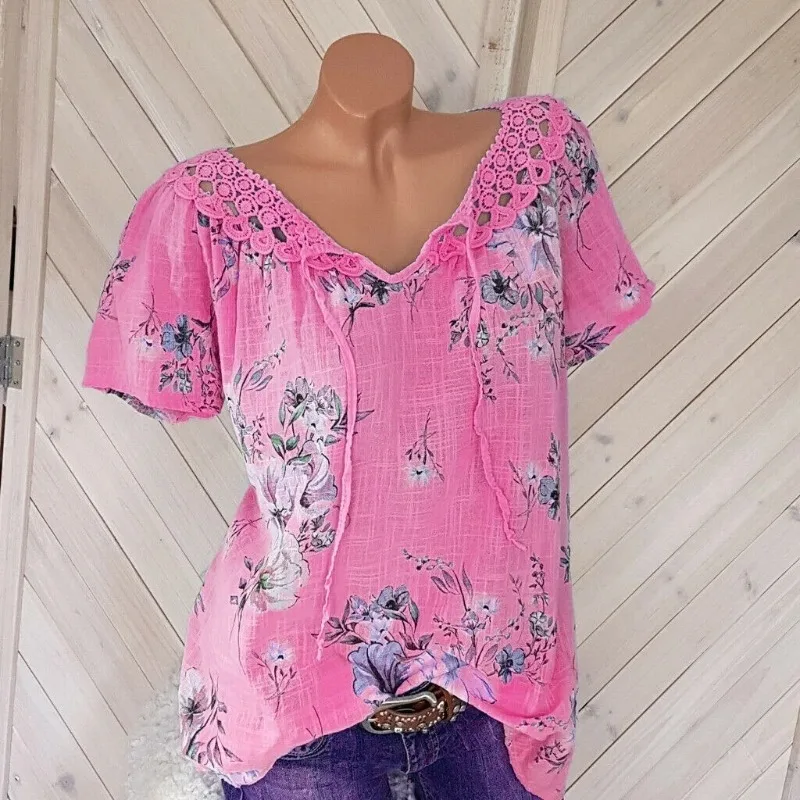 

Women Fashion Trendy Short Sleeve Y2k Clothes Lace Up Floral Print Blouses Tops & T-Shirts Casual Summer Lace Stitching Shirts